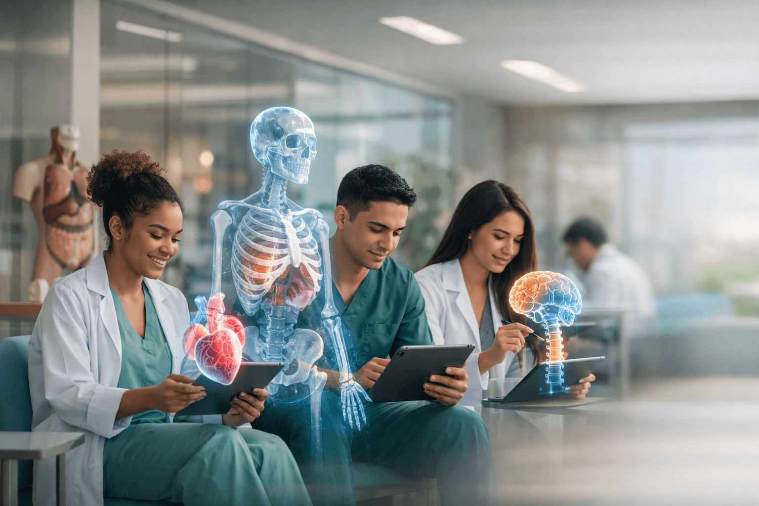 Estudantes de medicina usando tecnologia educacional